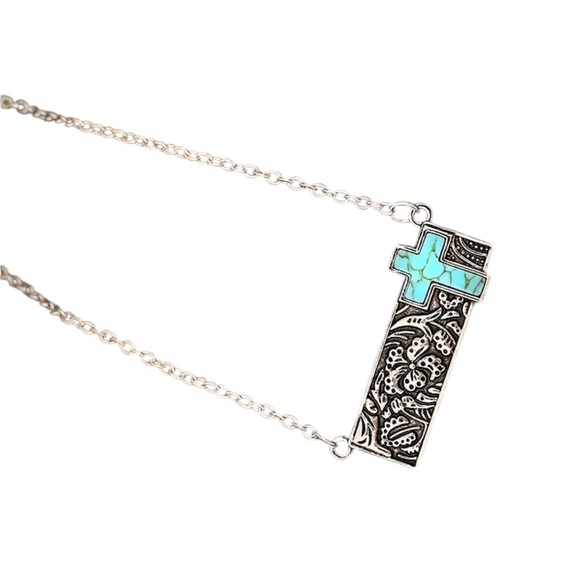 Silver and Turquoise Cross Pendant Necklace - Picture 1 of 7
